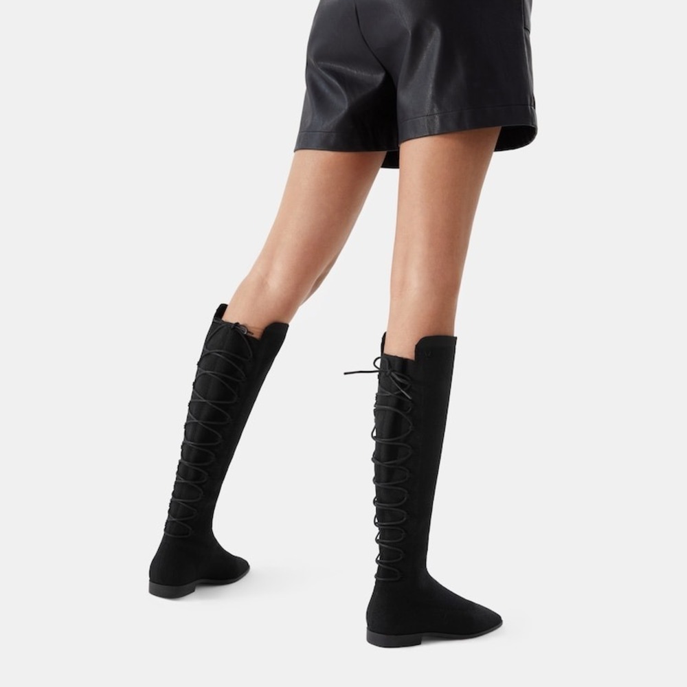 VIVAIA Knee High Boots Lace Up Back Flat Pointed Toe Black Size 10.5 EUR‎ 42